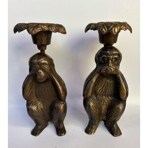 Vintage  Cast Bronze San Pacific 2 Monkey Candle Holders
